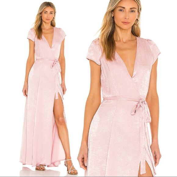 Revolve Resa Lindsay Wrap Satin Maxi Dress In Paris Pink Sand Full Length Gown - Picture 1 of 13